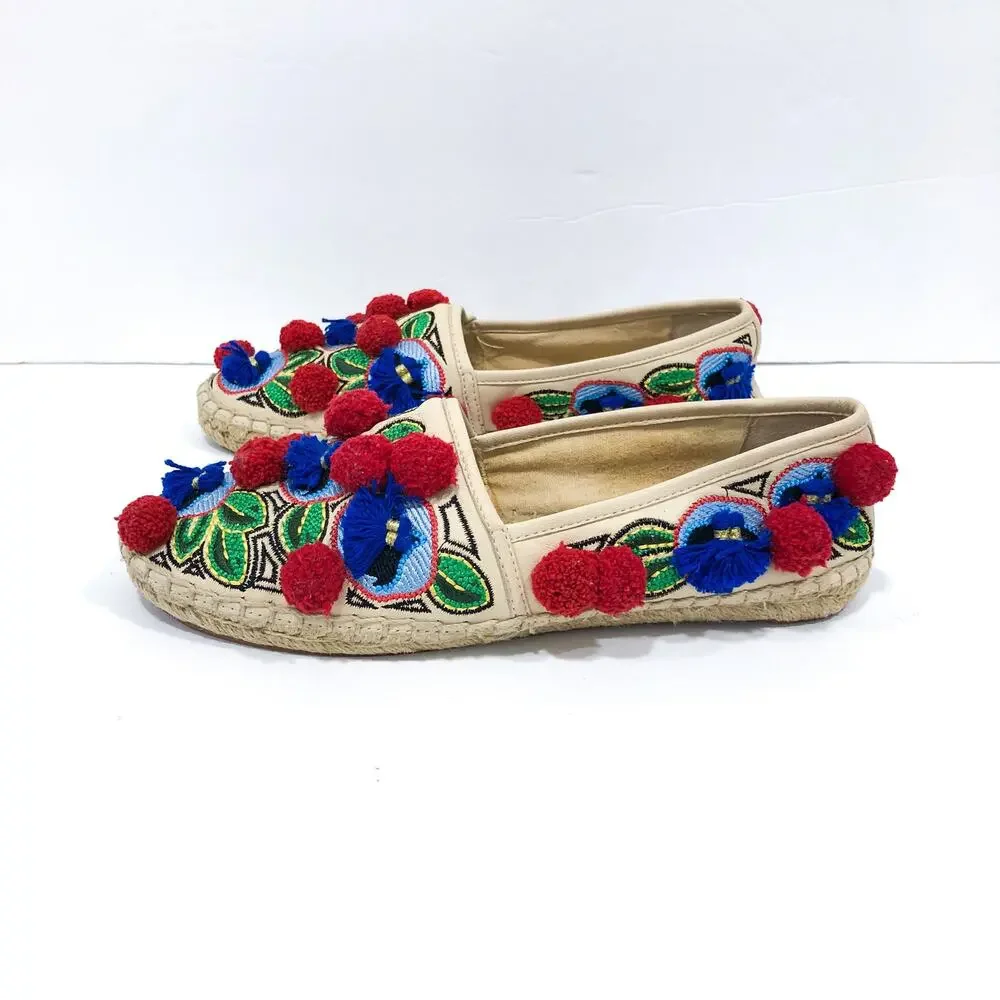 Tory Burch Ellis Pom Pom Embroidered Espadrille Flats
